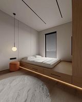Meubles de chambre à coucher sur mesure intégrés, lit tatami combiné avec armoire, tiroirs sous le lit et compartiments ouverts éclairés