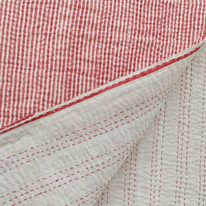 Silkgram Hand Pink Striped Cotton <b>Quilted</b> <b>Throw</b> Blanket Floral Border Traditional Indian Handmade Home Decor 300tc All-Season - Product Image 5