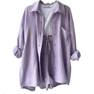 Camisa con cuello de volantes para mujer Pantalones cortos con cordón de cintura alta Combinación de ropa de mujer informal de dos piezas de moda