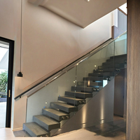 Balustrade d'escalier droite en acier au carbone et marbre, pour intérieur moderne, salon, avec garde-corps en verre, villa, hôtel, marches flottantes en bois