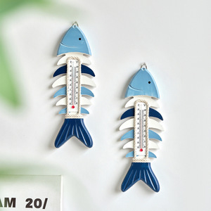 Thermomètre en bois bleu et blanc en forme d'arête de poisson, décoration murale de style méditerranéen pour la maison - Product Image 4