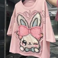 Camiseta de poliéster de manga corta con estampado de anime y dibujos animados, estilo patchwork, talla grande, resistente, para mujer, estilo nuevo de verano 2026, holgada y adelgazante