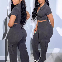 Conjunto de Verano Casual de Punto Sólido al por Mayor para Mujer: Top Corto con Cremallera y Solapa de Manga Tres Cuartos y Pantalones Cargo Acampanados de Pierna Ancha con Múltiples Bolsillos