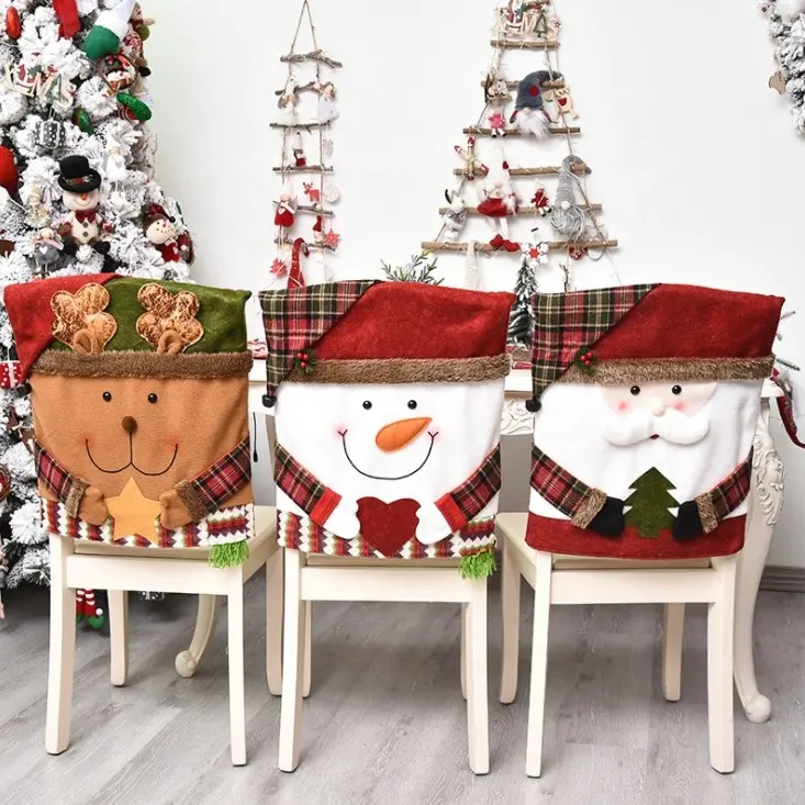 3D Santa Claus Christmas Dinner Table Chair Slipcovers Snowman Christmas Chair Back Cover