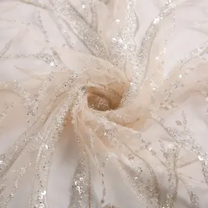 Ontwerp Polyester Luxe Mooie Gaas Tulle Sequin Geborduurde Bridal Glitter Stof Voor Trouwjurk