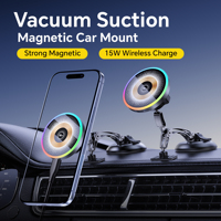 Support magnétique de voiture à charge rapide sans fil 15W professionnel avec base à ventouse et lumière RGB certifié ROHS