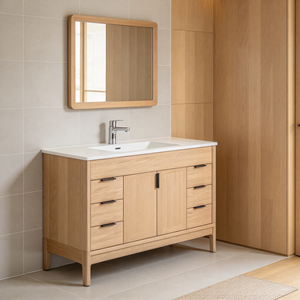 Minimalist Freestanding Oak Solid Timber <b>Bathroom</b> Vanity Base Storage Cupboard With Shelf Customized Apartment Project - Product Image 5