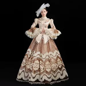 Champagne Rococo Embroidery Princess Marie Antoinette Ball Gown Vintage Renaissance Reenactment Steampunk Dresses Costume