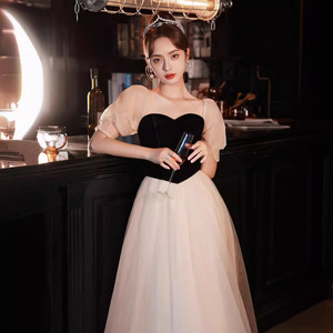 Art Exam Dress 2025 Autumn Champagne Color Patchwork Puff Sleeve Long Sister Dress Annual Meeting Performance Dress - Product Image 1