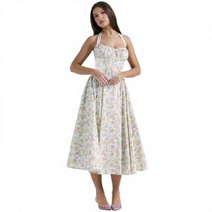 Vestido Midi Vintage Fruncido para <span class=keywords><strong>Mujer</strong></span> - Sin Mangas, Corte A, con Encaje, Atuendo de Verano para Invitadas a Bodas - Product Image 2
