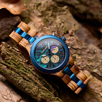 Jam Tangan Quartz Kayu dan Baja Tahan Karat Biru Ramah Lingkungan dengan Fase Bulan untuk Hadiah