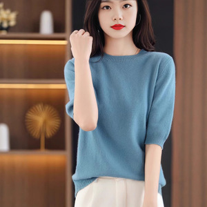 Women's Knitted Short Sleeve Sweater Loose Fit Round Neck <b>Wool</b> <b>Base</b> <b>Layer</b> Spring Autumn Solid Color Smlxlxxl - Product Image 3