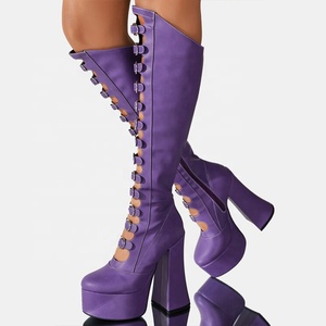 Summer Cut Out Knee High Boots Women's Buckles Platform Chunky Heels <b>Shoes</b> Side Zipper Long Booties 15cm Height <b>Shoe</b> - Product Image 1