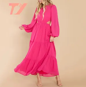 TUOYI Wholesale Fashion Custom Lady Chiffon Ruffle Maxi Dress Vestidos Women Elegant Autumn Casual Dresses