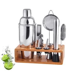 Création d'usine — support en bois de bambou 25oz, ensemble d'outils de Bar, shaker de Cocktail, en acier inoxydable, avec Logo personnalisé, 10 pièces