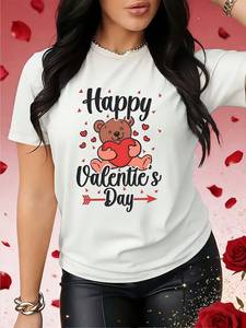 T-shirt da donna per San Valentino con stampa orsetto che abbraccia un cuore, girocollo, manica corta, casual, 100% cotone traspirante, primavera estate - Product Image 3