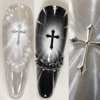 Faux ongles longs en acrylique, forme cercueil, effet œil de chat, couleur argent, brillants, avec strass et motif croix, pour doigts