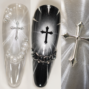 Faux ongles longs en acrylique, forme cercueil, effet œil de chat, couleur argent, brillants, avec strass et motif croix, pour doigts - Product Image 3