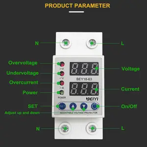 35mm Din Rail Single/Three Phase Adjustable Dual Display Adjust Over Under Voltage Protector For AC 220V 63A 32A