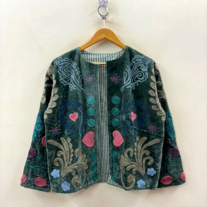 Bohemian Velvet Embroidered Coat Plus Size Women's Handmade Floral Outerwear Autumn Casual O-Neck Full Sleeve Cotton Lining - Product Image 1