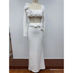 ชุดเดรสยาวแขนยาวลายดอกไม้ผ้าสเตรชสำหรับผู้หญิง ชุดสองชิ้นแฟชั่น - Product Image 4