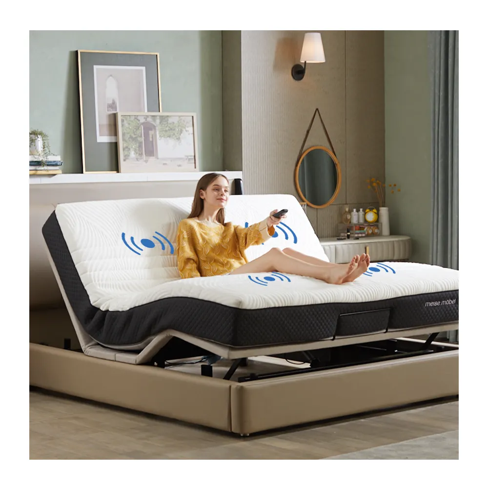 音声制御電気調節可能なベッドフレーム、マッサージ付きモダンなシングルベッド、収納付き多機能スマートベッドフレーム