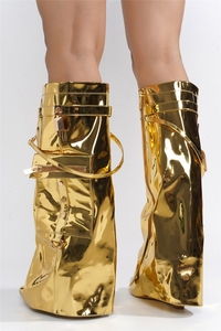 ZHEZHE or <span class=keywords><strong>noir</strong></span> Camouflage bottes hautes pour femmes talons compensés dames métal serrure poche requin longs chaussons - Product Image 6