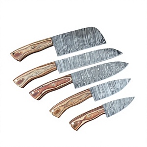 Ensemble de couteaux de cuisine en acier Damas, 5 pièces, manche en bois, lames droites, couteaux de chef, lame polie, ambidextres, haute qualité, 58-60HRC - Product Image 1