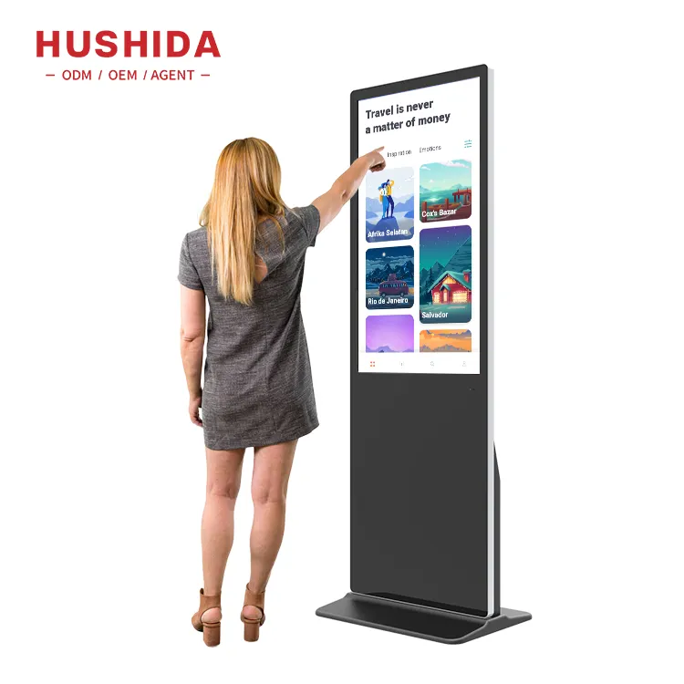 HUSHIDA 43 50 55 بوصة الطابق الدائمة الروبوت التسويق الرقمية lcd الإعلان آلة الروبوت عرض إعلاني