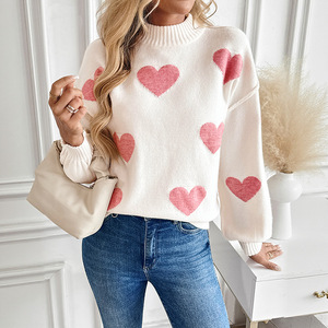 Women's Heart Print Mock Neck Sweater Long Puff Sleeve Loose Knit Pullover Casual Soft <strong>Valentines</strong> Day <strong>Jumper</strong> - Product Image 3