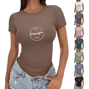 เสื้อยืดคอกลมผ้าฝ้ายสำหรับผู้หญิงแขนสั้นทรงสลิมฟิตสีสันสดใสสำหรับฤดูร้อนดูเซ็กซี่โลโก้ตามสั่ง - Product Image 5