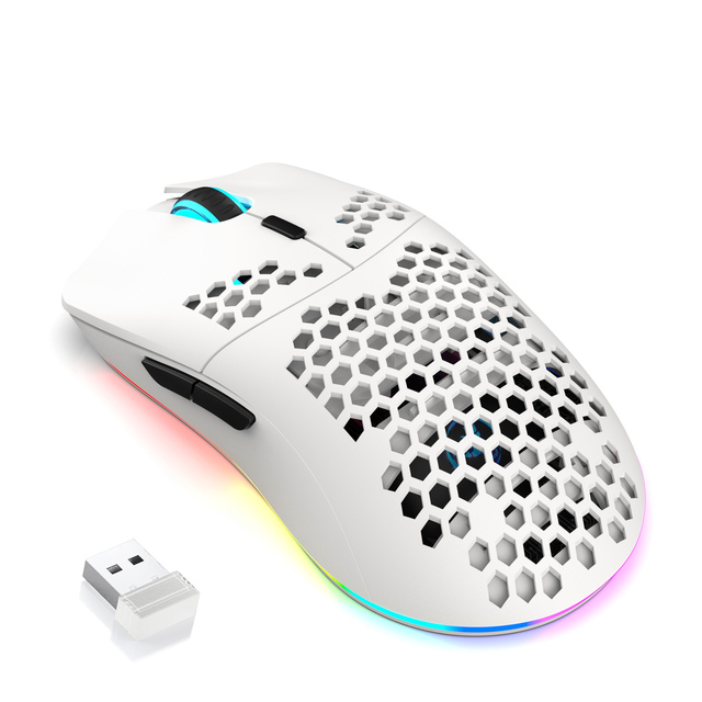 HXSJ T66 White 3-mode 650mAh Rechargeable 6 Buttons Programmable RGB Luminous Gaming Wireless Honeycomb Mouse for Laptop