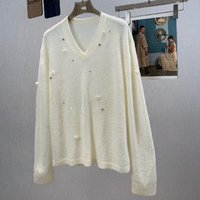 Nouveau pull en laine pour femme, col en V, ample, manches longues, respirant, décoré de perles, couleur unie, tricoté à la machine 300g, style décontracté, collection automne