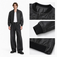 Blouson Bomber en PU pour Homme avec Bordure en Corde Tressée, Fermeture Éclair, Col Montant Côtelé, Manteau d'Hiver Streetwear