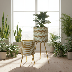 Jardinières en métal pour plantes d'intérieur, lot de 2 pots décoratifs pour salon, jardinières dorées avec supports - Product Image 3