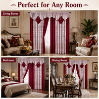 Lot de 2 rideaux de fenêtre complets avec cantonnière assortie, pompons décoratifs et doublure, rideaux de luxe pour salon