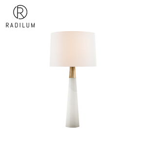 Modern Table Lamp Luxury Hotel Living Room Decor Faceted Alabaster Base Brass <b>Neck</b> Fabric Shade Olsen - Product Image 1