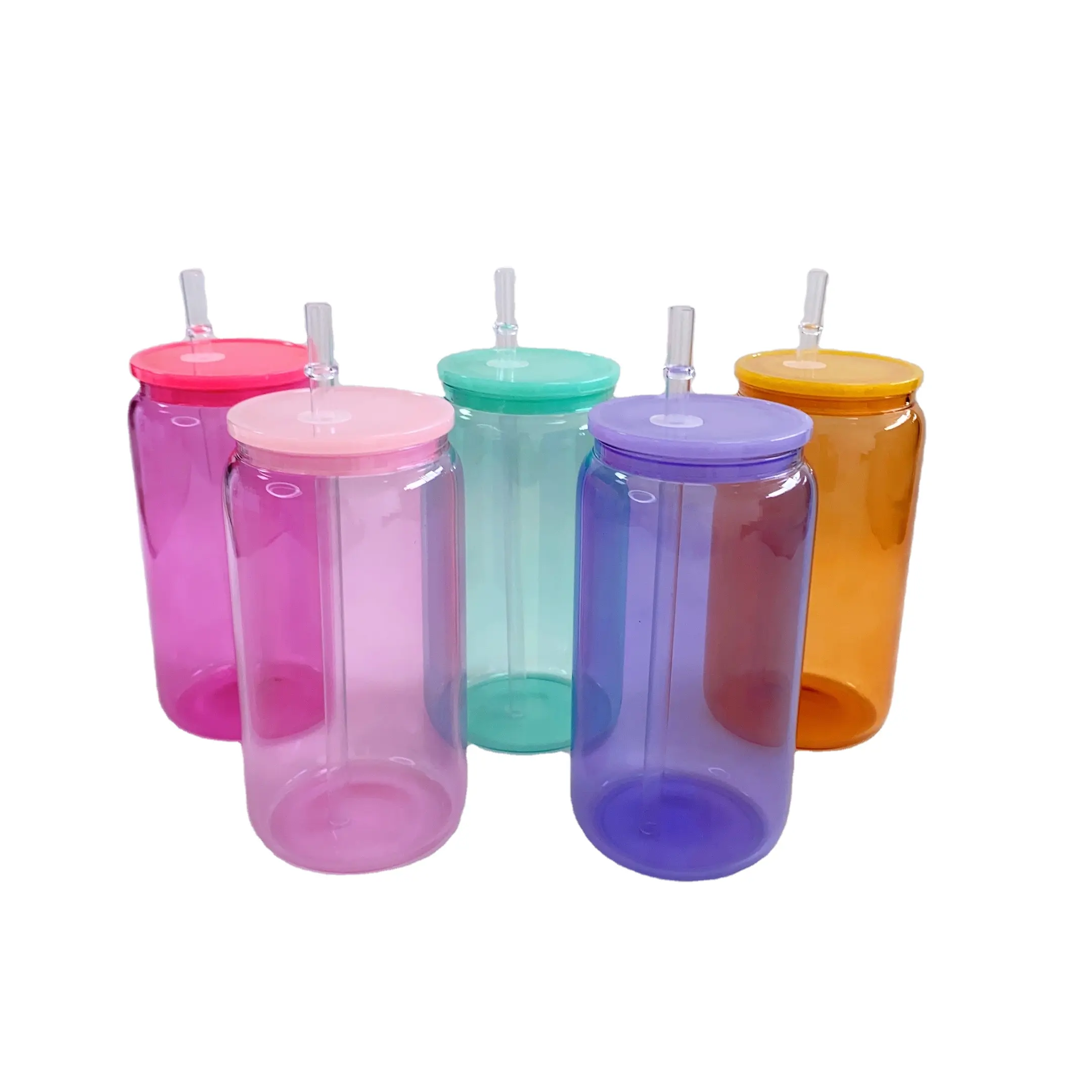 Entrepôt américain en stock couvercle acrylique pour canette en verre de 16oz avec couvercles en plastique colorés gelée colorée pour autocollant UV DTF borosilicate