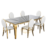 Table de Repas avec Plateau en MDF Blanc et Pieds en Acier Inoxydable Doré pour Fête, Événement, Hôtel, Banquet, Mariage