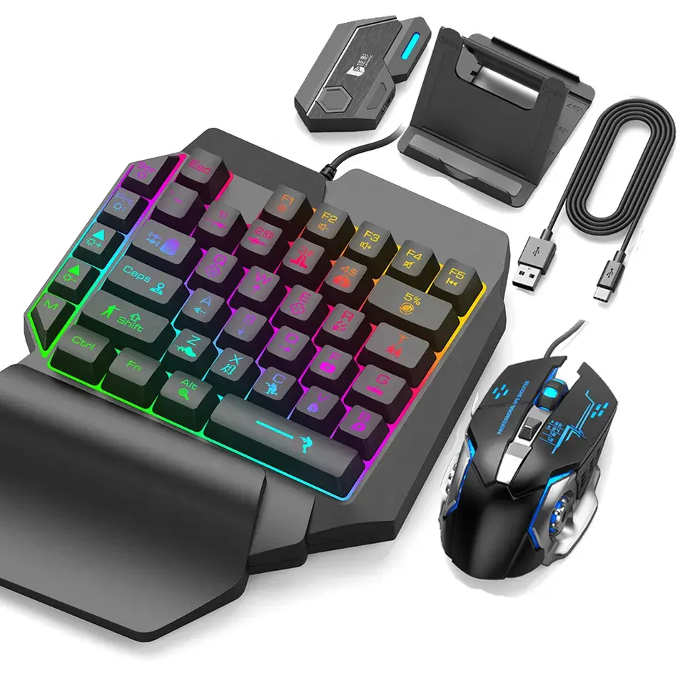 for PUBG PC Mobile Phone Gamer Ergonimic Design Rainbow RGB USB Wired One Handed Keyboard Gaming Mice Keyboard Mouse Combo Set