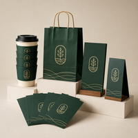 Kit de Branding Personnalisé 5 Pièces pour Restaurant : Manchons de Tasses, Sacs, Cartes de Menu, Marqueurs de Table, Cartes de Remerciement pour la Restauration Complète
