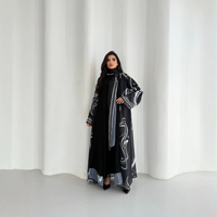 Abaya ouverte en polyester à imprimé géométrique noir et blanc élégante avec hijab, robe longue ample pour femmes, pour tous les jours, les fêtes et les occasions spéciales