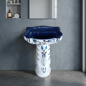 Majesty Flower Hand Printed Rustic Ceramic Pedestal Wash Basin Set Lavabo Sink Stand for Hospital Sanitary Ware - Product Image 4