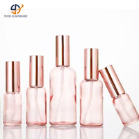 Vente en gros de flacons pulvérisateurs en verre pour huiles essentielles, 15 ml, 30 ml, 50 ml, 100 ml, couleur rouge rose, atomiseur fin, avec bouchon doré rose
