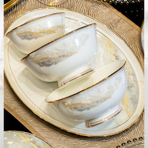Bone China <b>Dinnerware</b> Sets Ceramic Dishes Luxury Golden Plates and Bowls Set 62pcs Tableware - Product Image 6