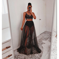 Hot Women's taille haute brillant Pack Hip dentelle longue jupe en tulle en maille plissée avec culotte