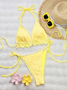 Nouveau maillot de bain deux pièces pour femme, couleur unie, à volants, col rond, avec laçage et logo à la taille - Product Image 2