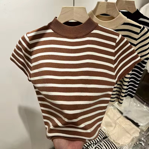 Wholesale Women's Half Turtleneck Striped Short Sleeve Crop Top Slim Fit <b>Soft</b> Breathable Knitted Blouse Casual Wear Multi-Color - Product Image 1