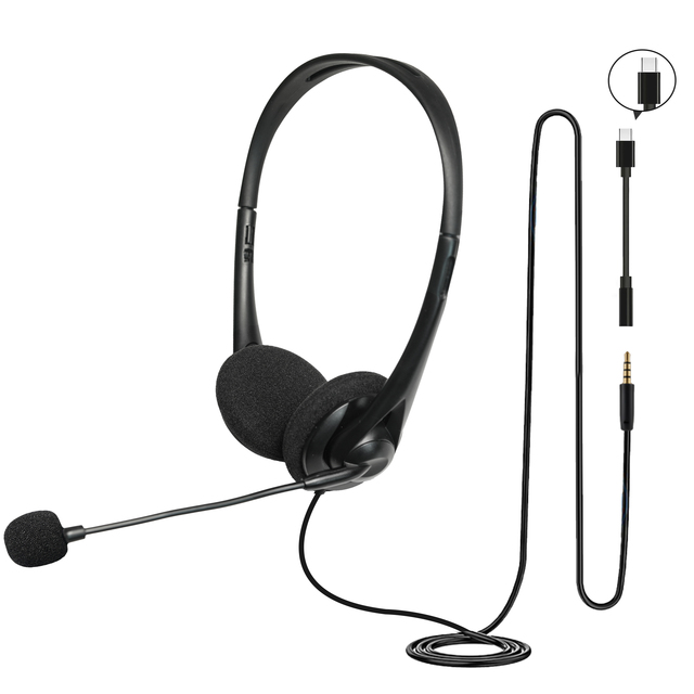 Factory Direct High Quality Wired Headset with 3.5mm Audio Jack and Type-C Adapter Rotatable Microphone Adjustable Headband