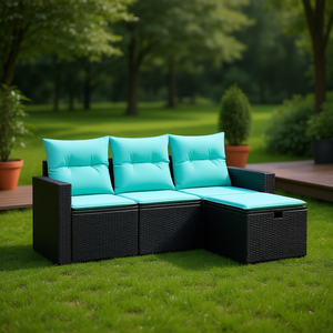 Modular Garden <b>Sofa</b> Set Black Poly <b>Rattan</b> Steel Frame 3 Seater Outdoor Furniture Elegant Design - Product Image 2
